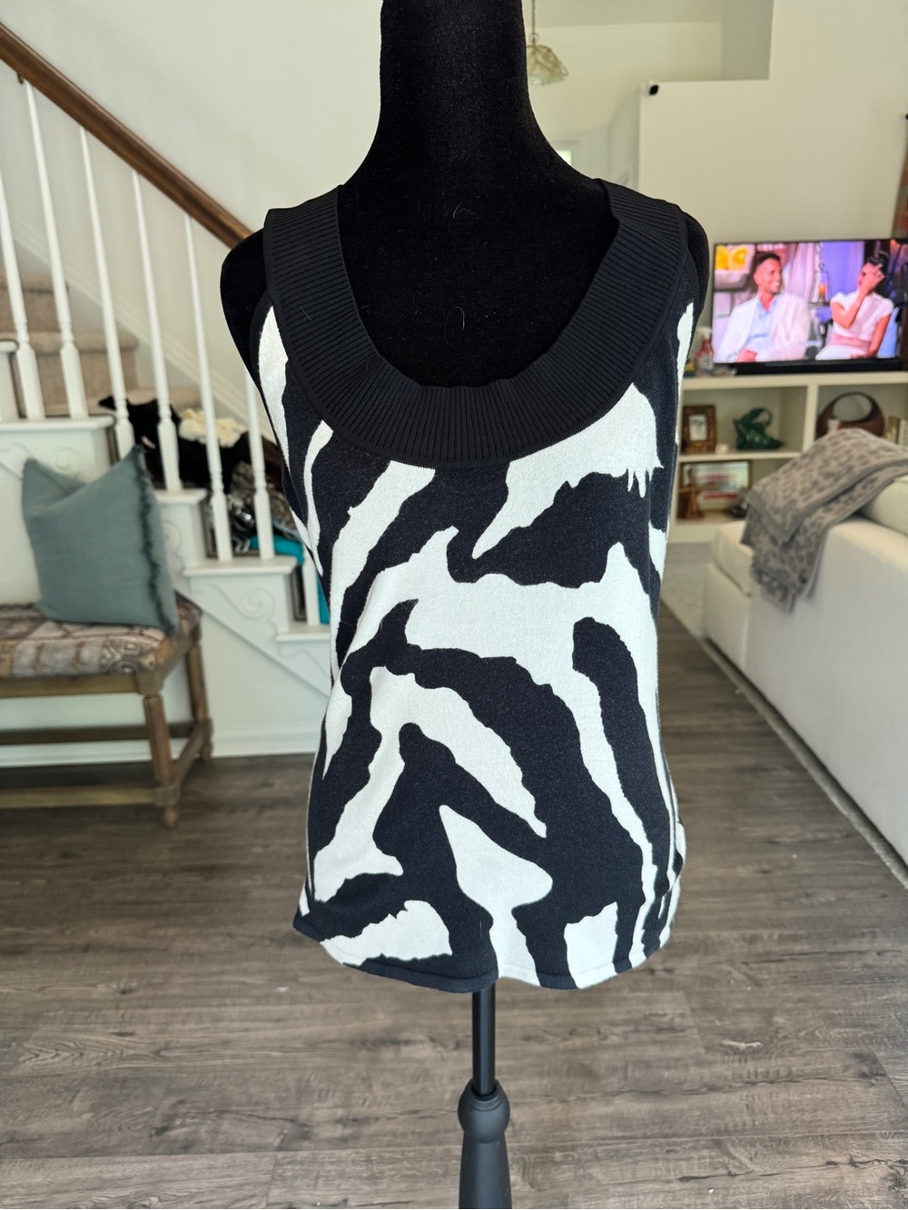Cache Black and White Zebra-Print Knit Tank
